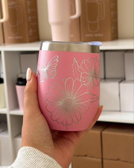 Hand Engraved 12oz Wine Tumbler | Daisy design